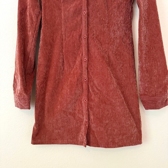 Corduroy Collared Mini Dress Long Sleeve Stretch Burnt Orange Size Medium - Picture 9 of 11